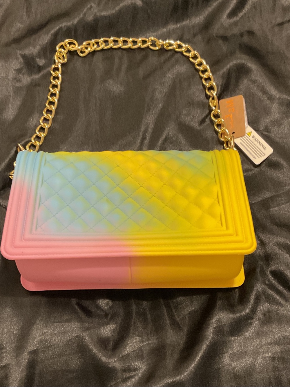 Rainbow Pastel Quilted Chain Shoulder Bag - Pink, Yellow, Blue - Picture 2 of 5